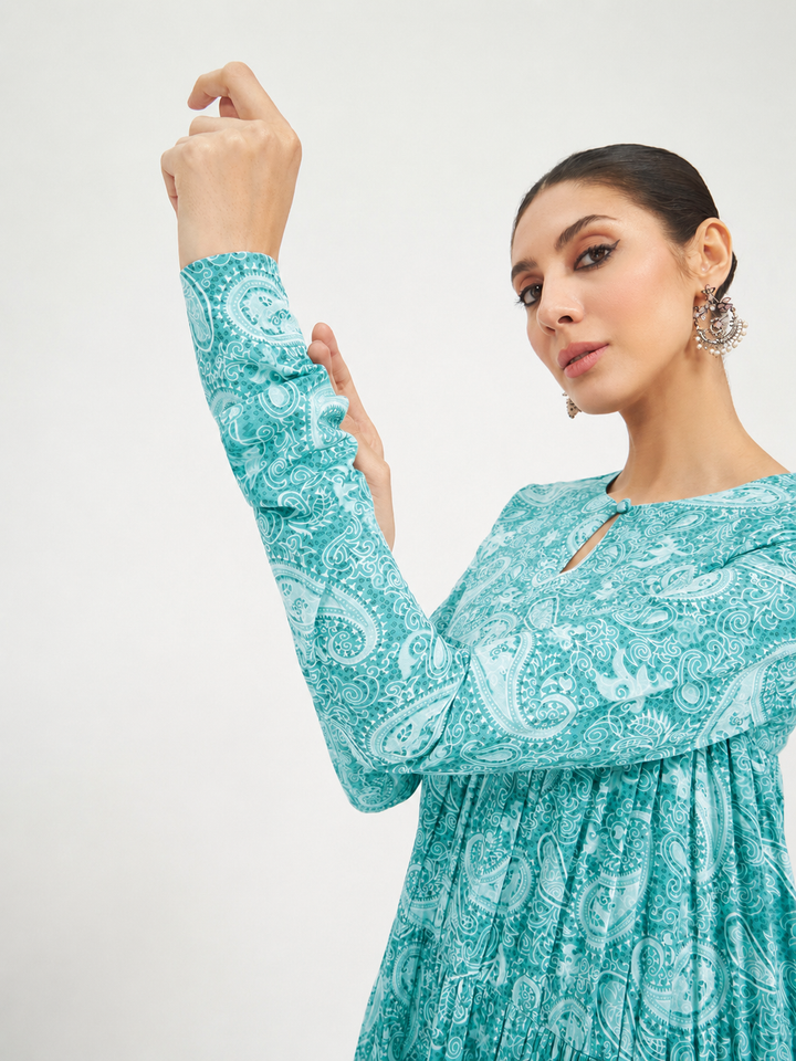 Firozi Paisley Printed Pure Cotton Anarkali Kurta