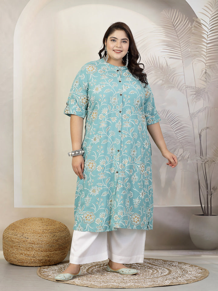 Aqua-Blue-Rayon-Floral-Print-A-Line-Kurta-Only