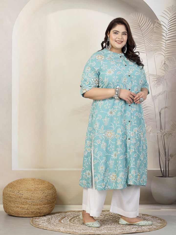 Aqua-Blue-Rayon-Floral-Print-A-Line-Kurta-Only