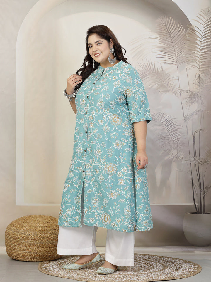 Aqua-Blue-Rayon-Floral-Print-A-Line-Kurta-Only