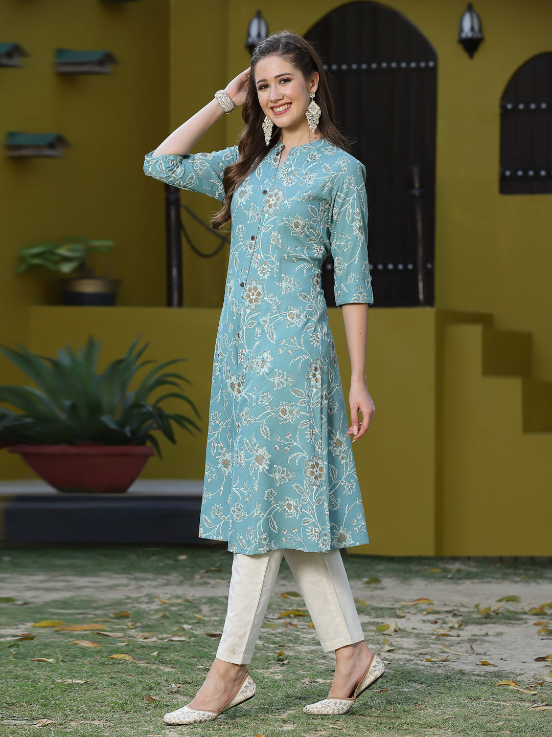Aqua-Blue-Rayon-Floral-Print-A-Line-Kurta-Only
