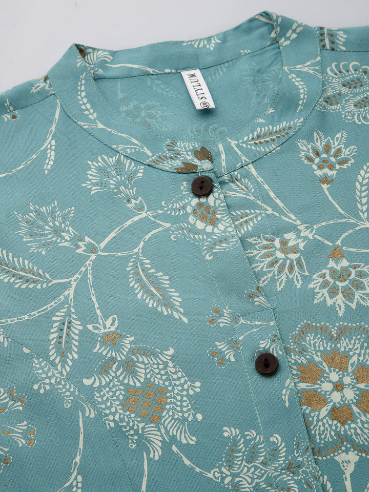 Aqua-Blue-Rayon-Floral-Print-A-Line-Kurta-Only