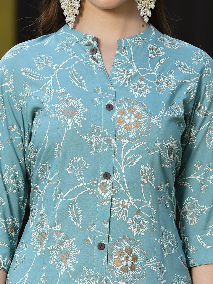 Aqua-Blue-Rayon-Floral-Print-A-Line-Kurta-Only