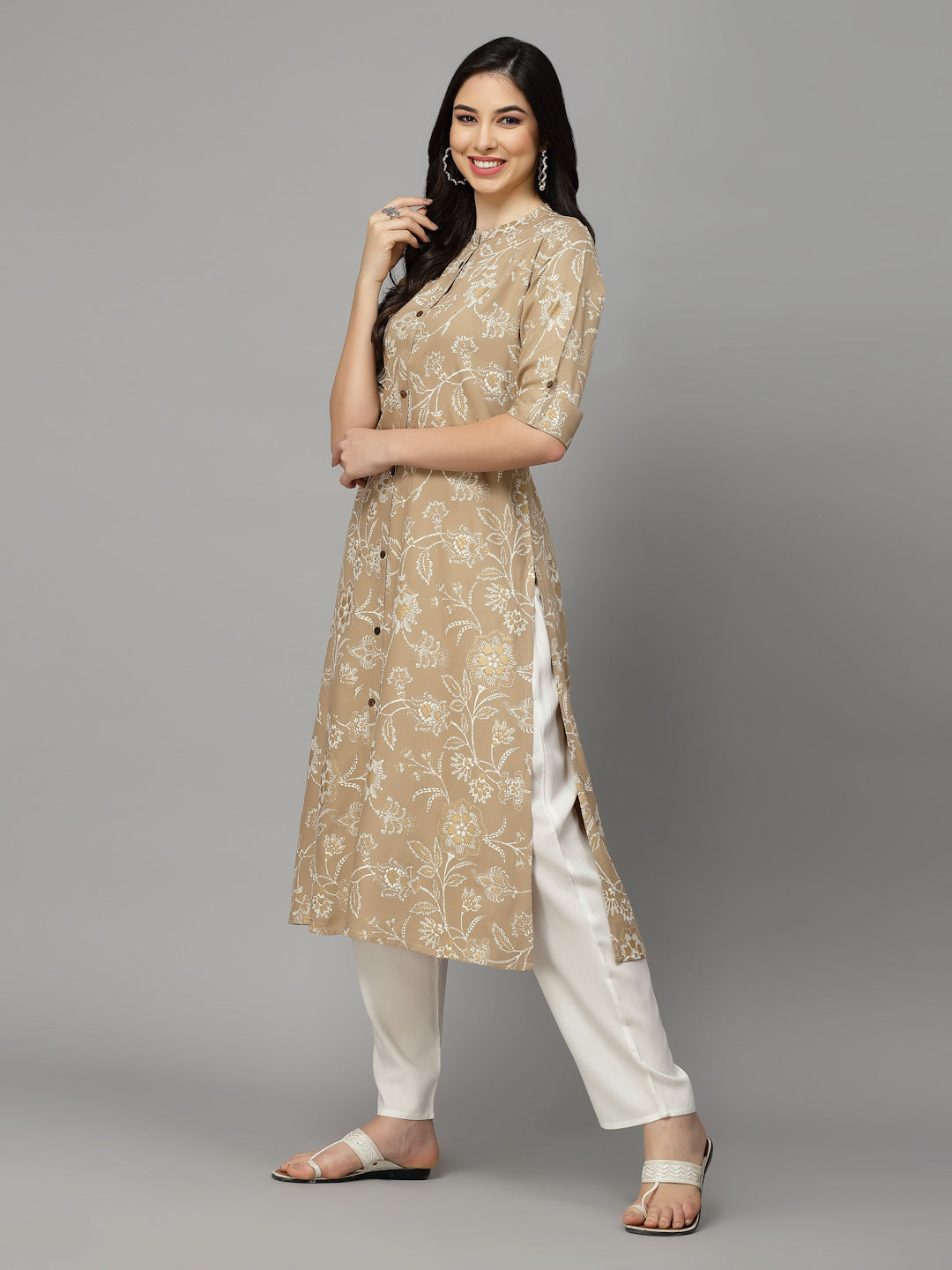 Beige-Rayon-Floral-Print-A-Line-Kurta-Only