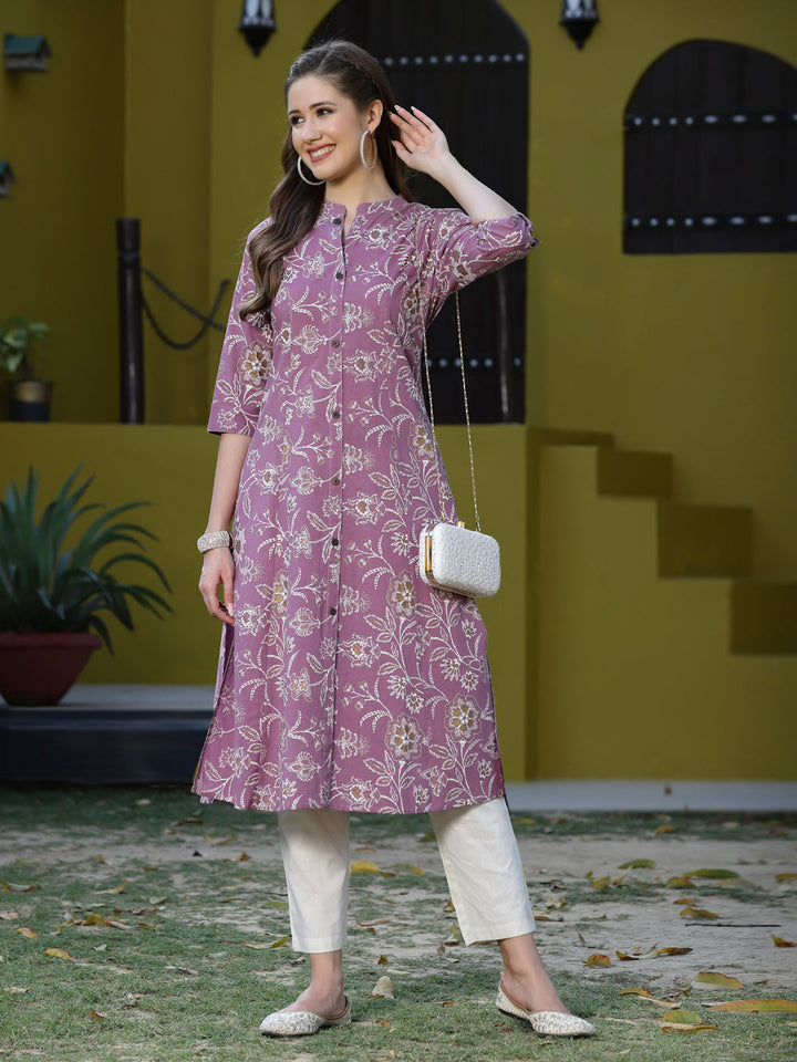 Mauve-Rayon-Floral-Print-A-Line-Kurta-Only