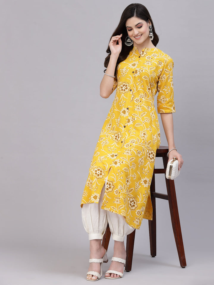 Mustard-Cotton-Floral-Rayon-Print-A-Line-Kurta-Only