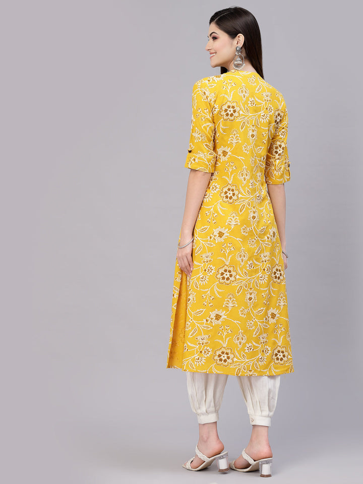 Mustard-Cotton-Floral-Rayon-Print-A-Line-Kurta-Only