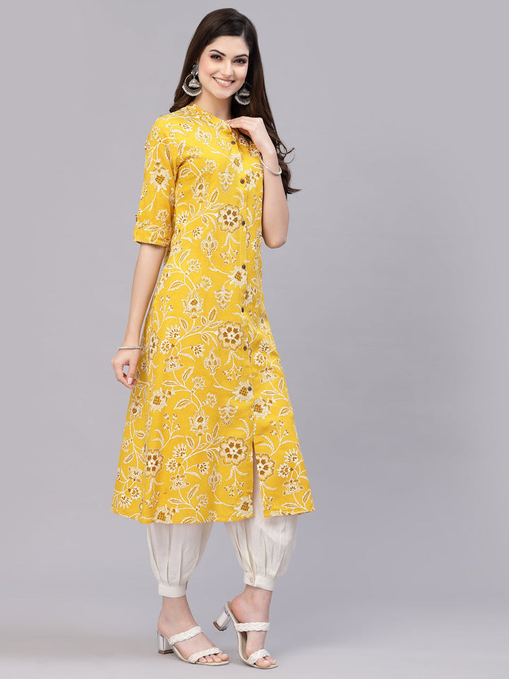 Mustard-Cotton-Floral-Rayon-Print-A-Line-Kurta-Only