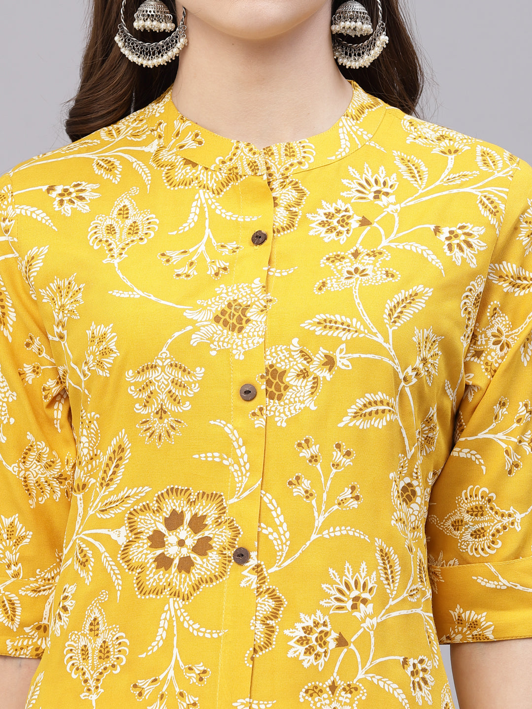 Mustard-Cotton-Floral-Rayon-Print-A-Line-Kurta-Only