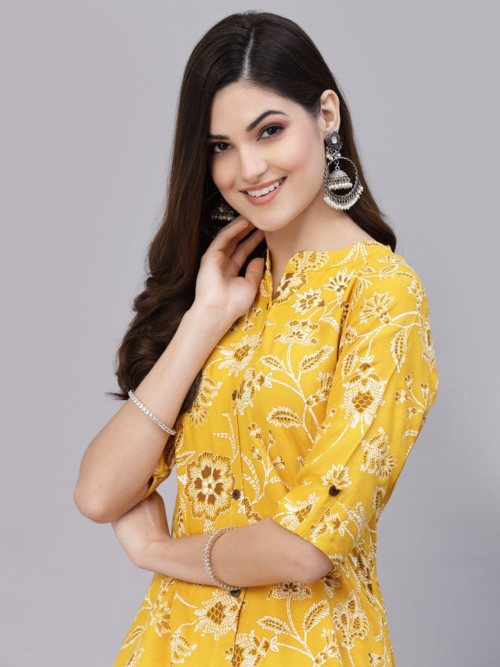 Mustard-Cotton-Floral-Rayon-Print-A-Line-Kurta-Only