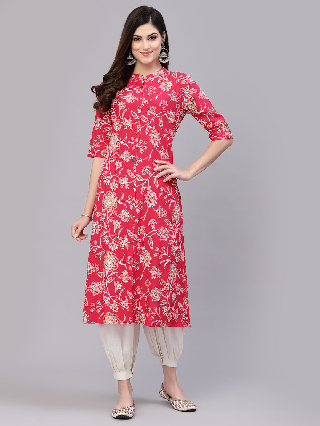 Rayon-Red-Floral-Print-A-Line-Kurta-Only