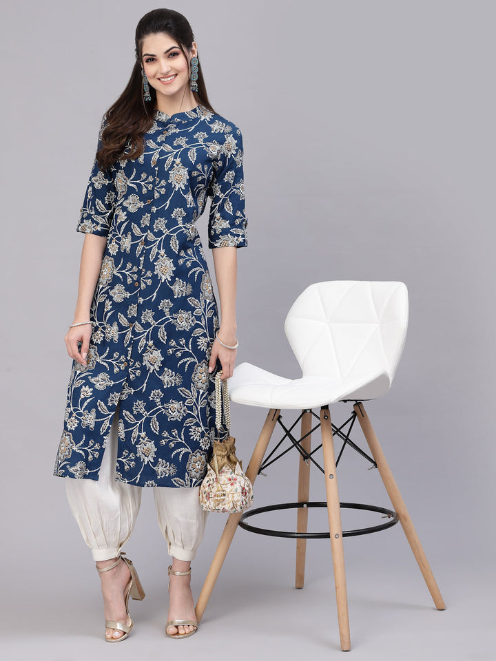 Teal-Blue-Cotton-Floral-Rayon-Print-A-Line-Kurta-Only