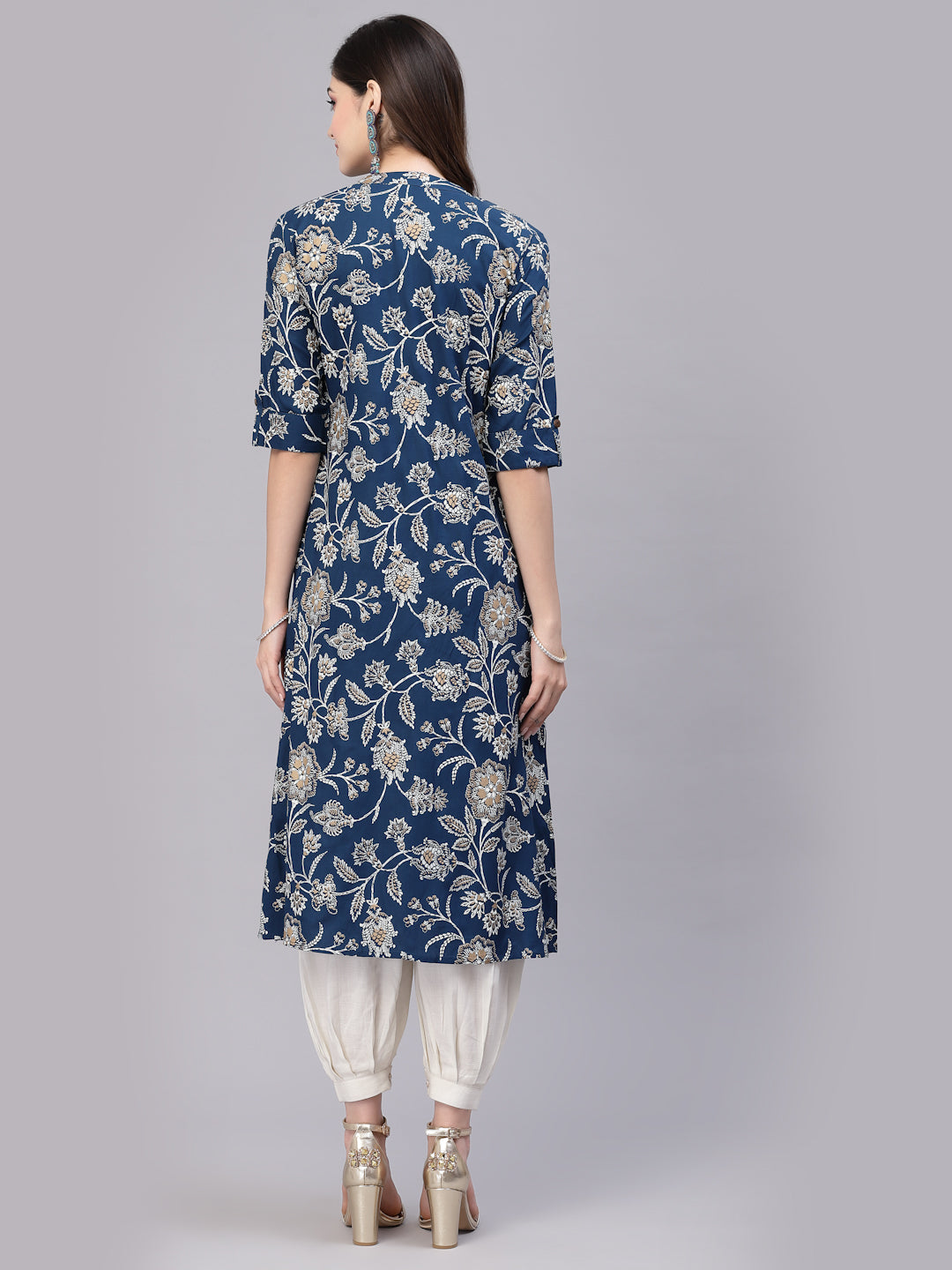 Teal-Blue-Cotton-Floral-Rayon-Print-A-Line-Kurta-Only