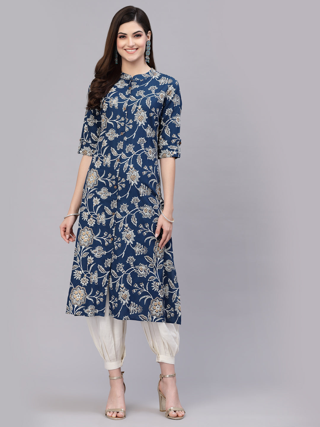 Teal-Blue-Cotton-Floral-Rayon-Print-A-Line-Kurta-Only