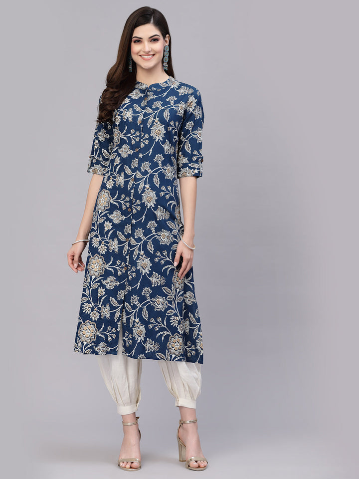 Teal-Blue-Cotton-Floral-Rayon-Print-A-Line-Kurta-Only