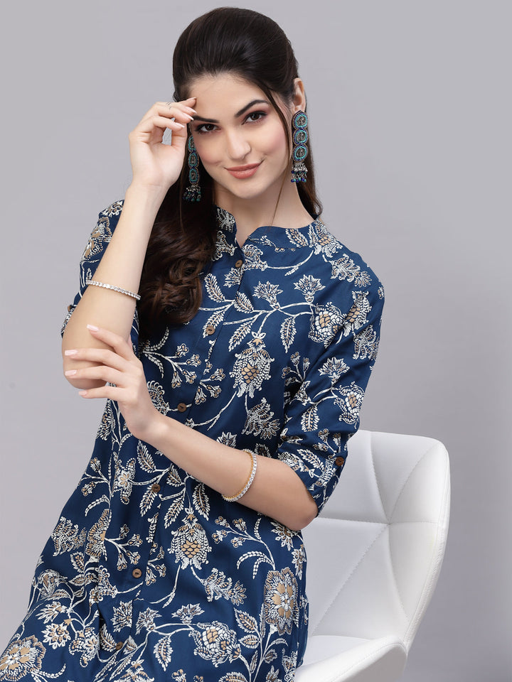 Teal-Blue-Cotton-Floral-Rayon-Print-A-Line-Kurta-Only
