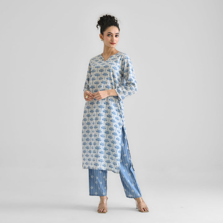 Light-Blue-Cotton-Lotus-Dabu-Print-2-Piece-Kurta-Set