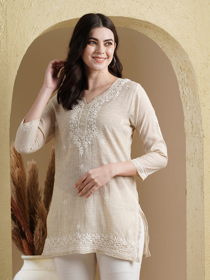 Fawn-&-White-Cotton-Khadi-Embroidered-Chikankari-Kurti