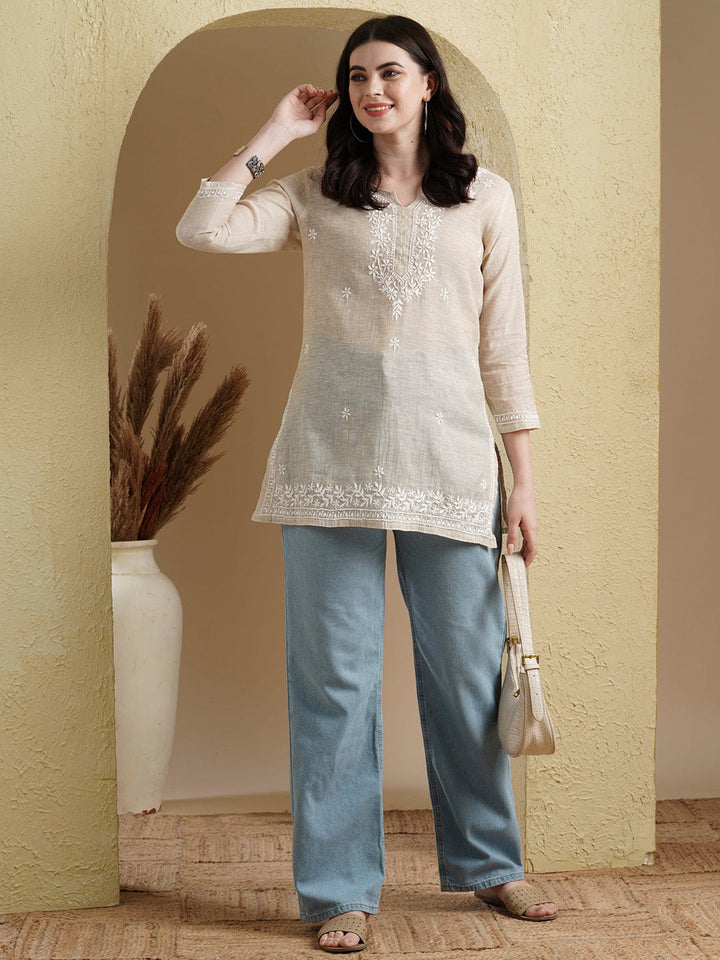 Fawn-&-White-Cotton-Khadi-Embroidered-Chikankari-Kurti