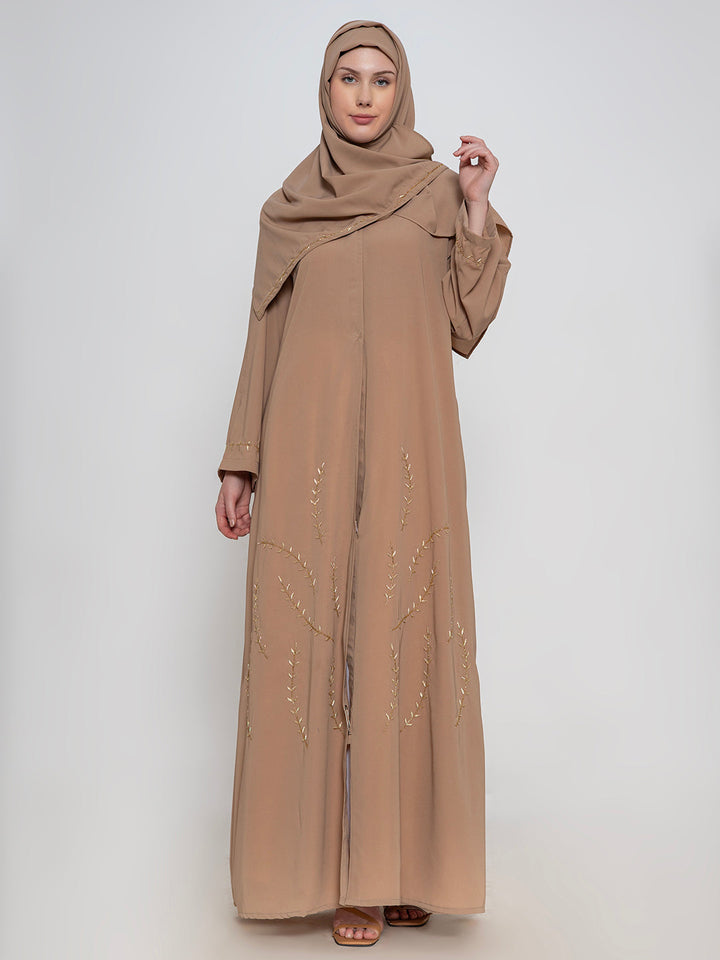 Fawn-100%-Polyester-Embroidered-Abaya-With-Scarf