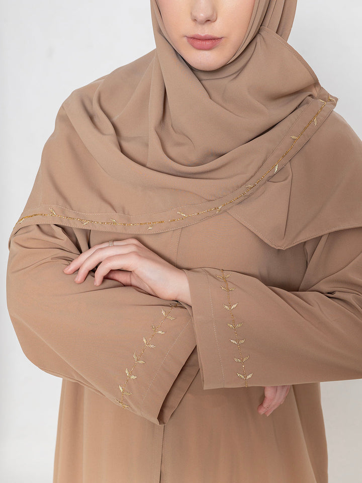 Fawn-100%-Polyester-Embroidered-Abaya-With-Scarf