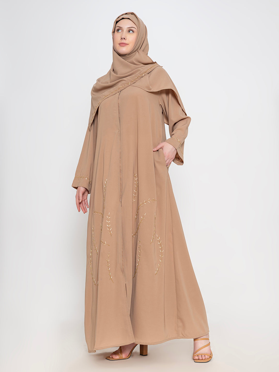 Fawn-100%-Polyester-Embroidered-Abaya-With-Scarf