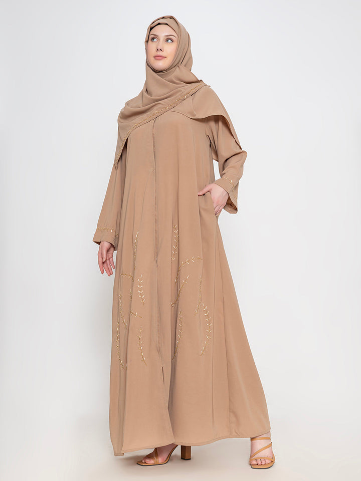 Fawn-100%-Polyester-Embroidered-Abaya-With-Scarf