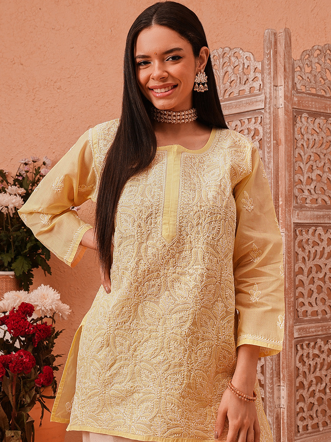 Fawn-&-White-Cotton-Lucknowi-Chikankari-Tunic-Only