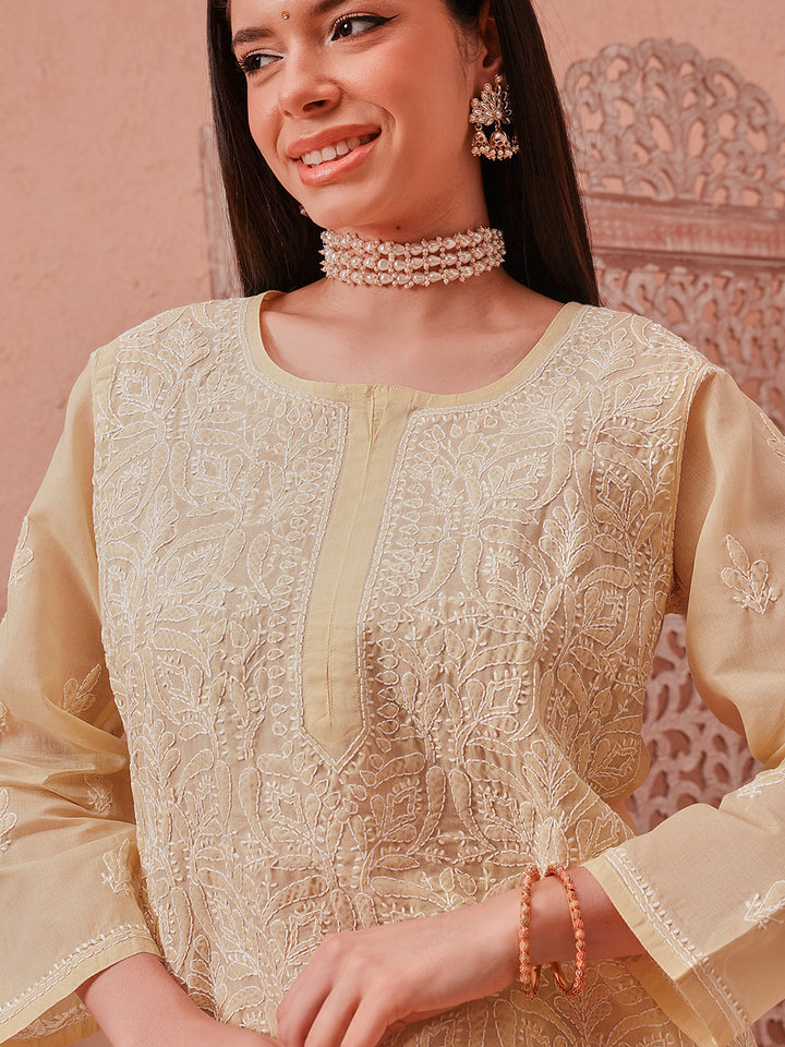 Fawn-&-White-Cotton-Lucknowi-Chikankari-Tunic-Only