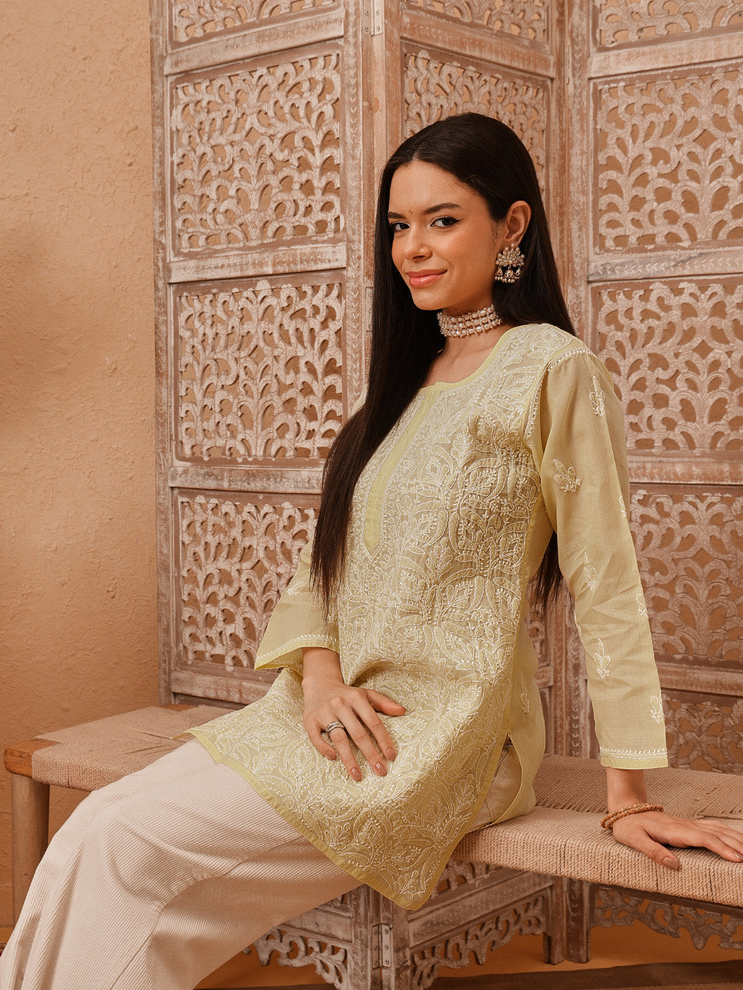 Fawn-&-White-Cotton-Lucknowi-Chikankari-Tunic-Only