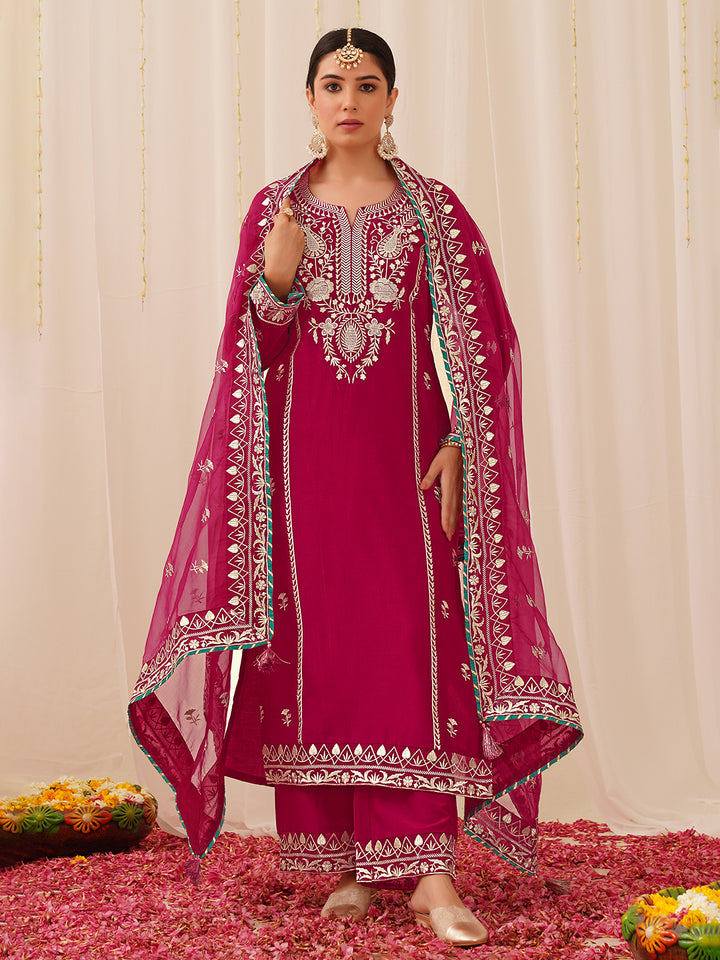 Deep Pink Silk Blend Solid Yoke Design 3-Piece Kurta Set