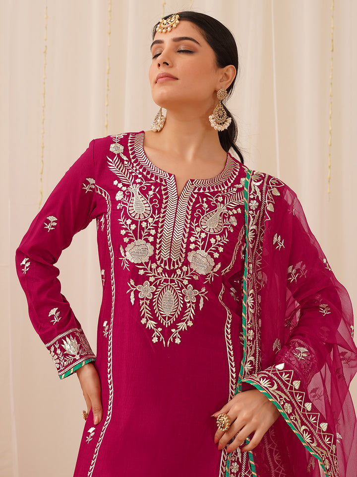 Deep Pink Silk Blend Solid Yoke Design 3-Piece Kurta Set