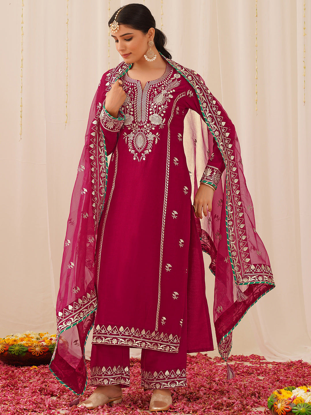 ZERESOUQ-Deep-Pink-Silk-Blend-Solid-Yoke-Design-3-Piece-Kurta-Set