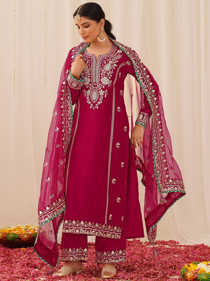 ZERESOUQ-Deep-Pink-Silk-Blend-Solid-Yoke-Design-3-Piece-Kurta-Set