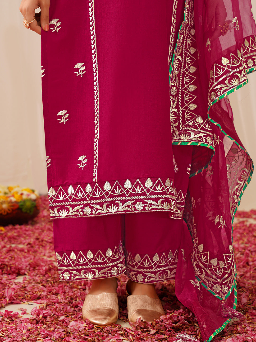 Deep Pink Silk Blend Solid Yoke Design 3-Piece Kurta Set