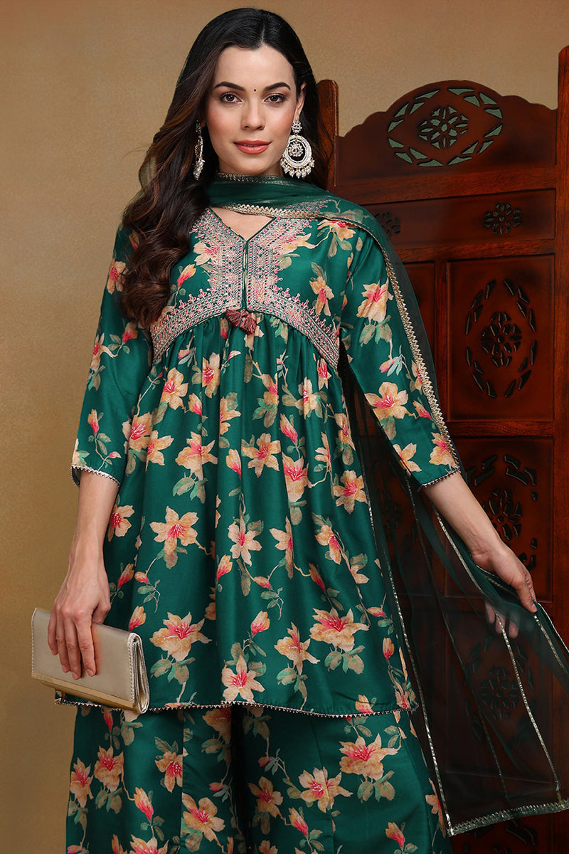 Green-Chanderi-Silk-Floral-A-Line-3-Piece-Kurta-Set