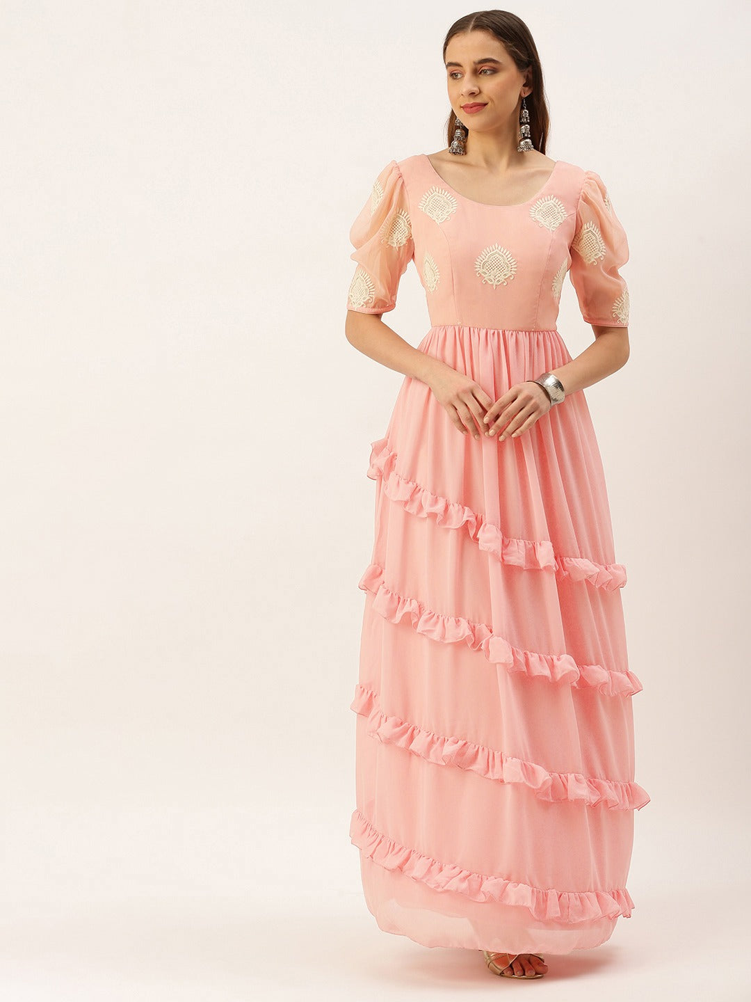 Flamingo-Pink-Georgette-Tiered-Maxi-Dress