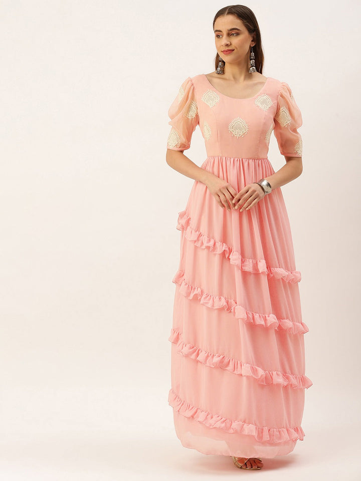 Flamingo-Pink-Georgette-Tiered-Maxi-Dress