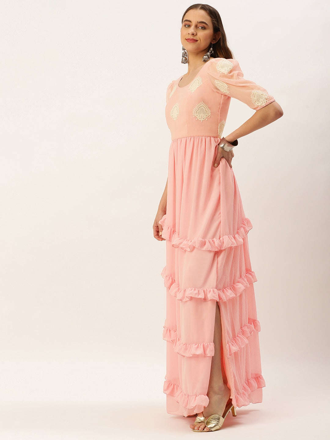 Flamingo-Pink-Georgette-Tiered-Maxi-Dress