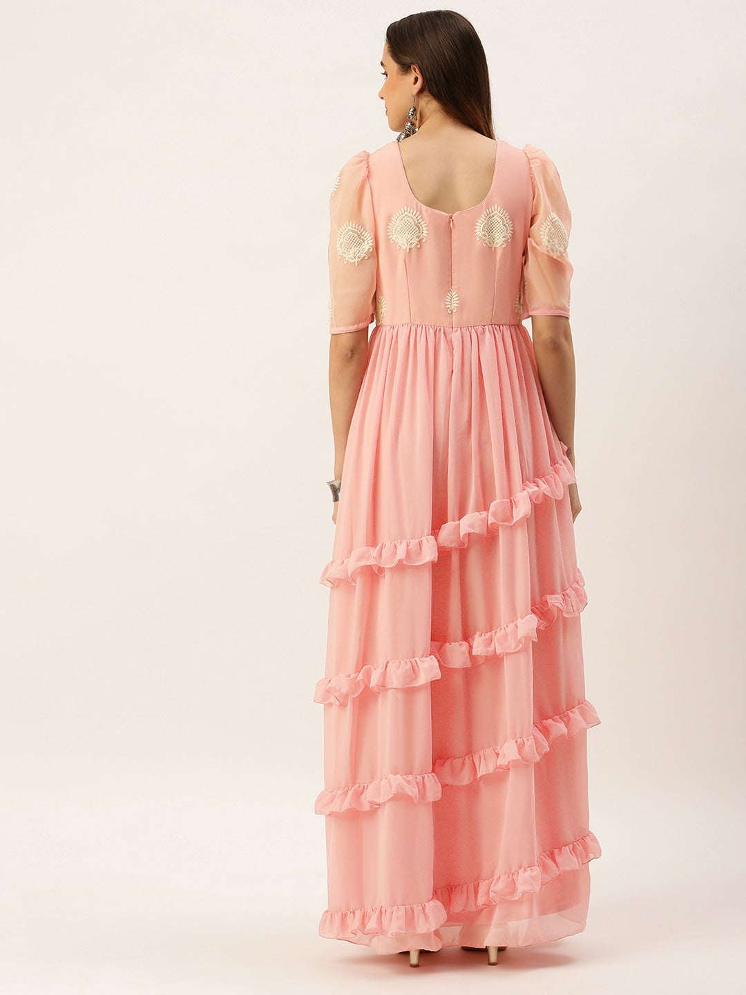 Flamingo-Pink-Georgette-Tiered-Maxi-Dress