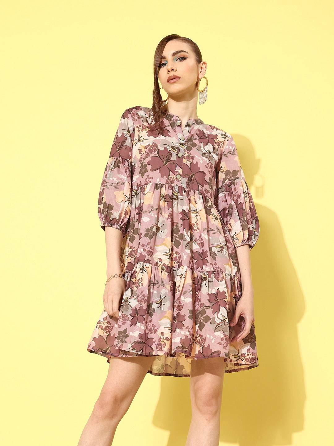 Brown-Cotton-Floral-Print-Puff-Sleeve-Fit-&-Flare-Dress