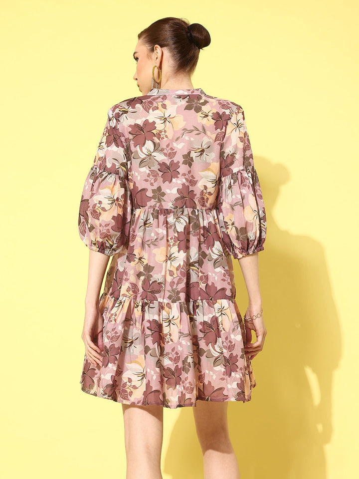 Brown-Cotton-Floral-Print-Puff-Sleeve-Fit-&-Flare-Dress