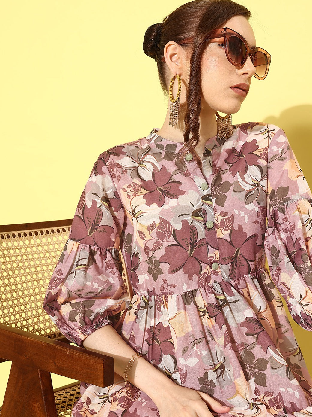 Brown-Cotton-Floral-Print-Puff-Sleeve-Fit-&-Flare-Dress