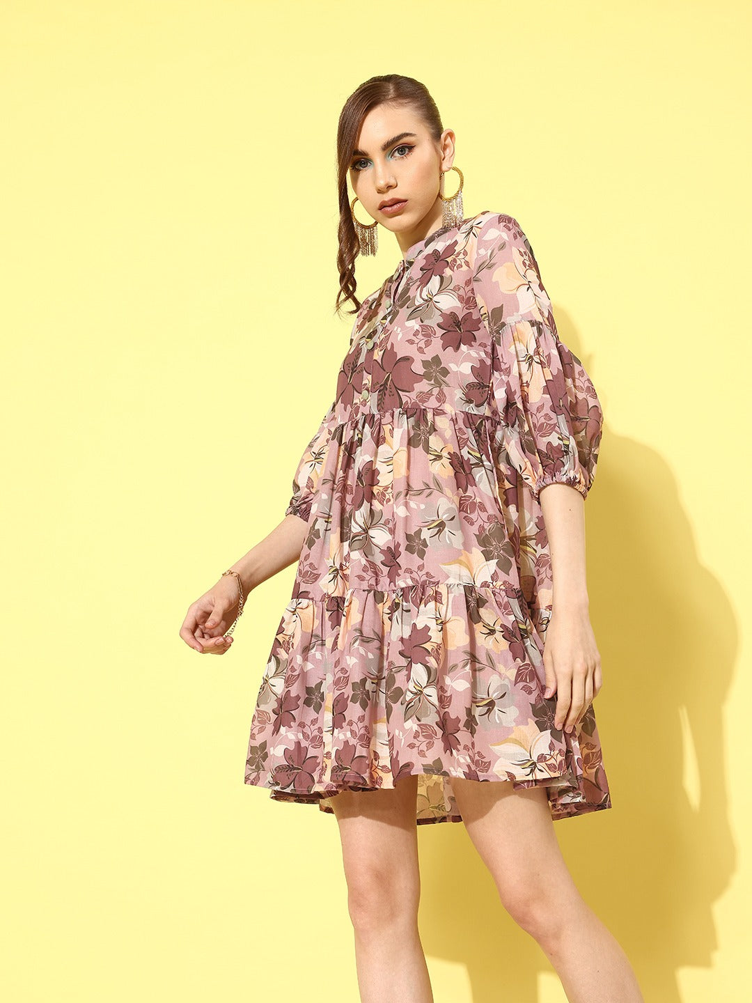 Brown-Cotton-Floral-Print-Puff-Sleeve-Fit-&-Flare-Dress