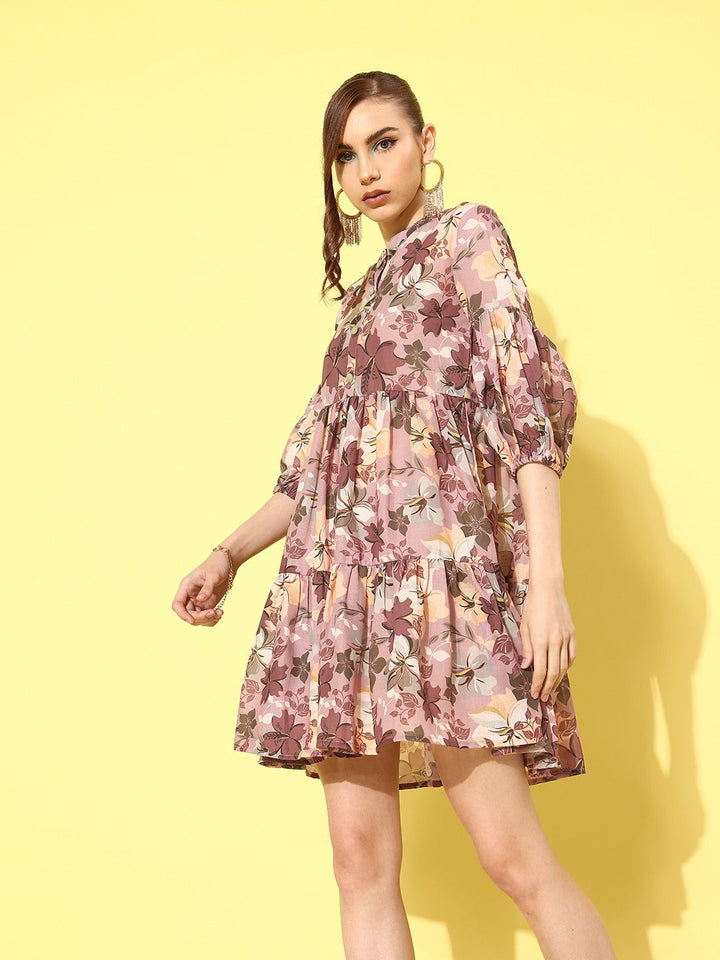 Brown-Cotton-Floral-Print-Puff-Sleeve-Fit-&-Flare-Dress