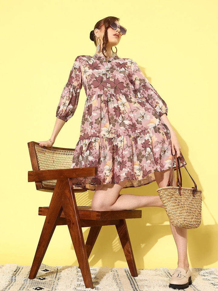 Brown-Cotton-Floral-Print-Puff-Sleeve-Fit-&-Flare-Dress