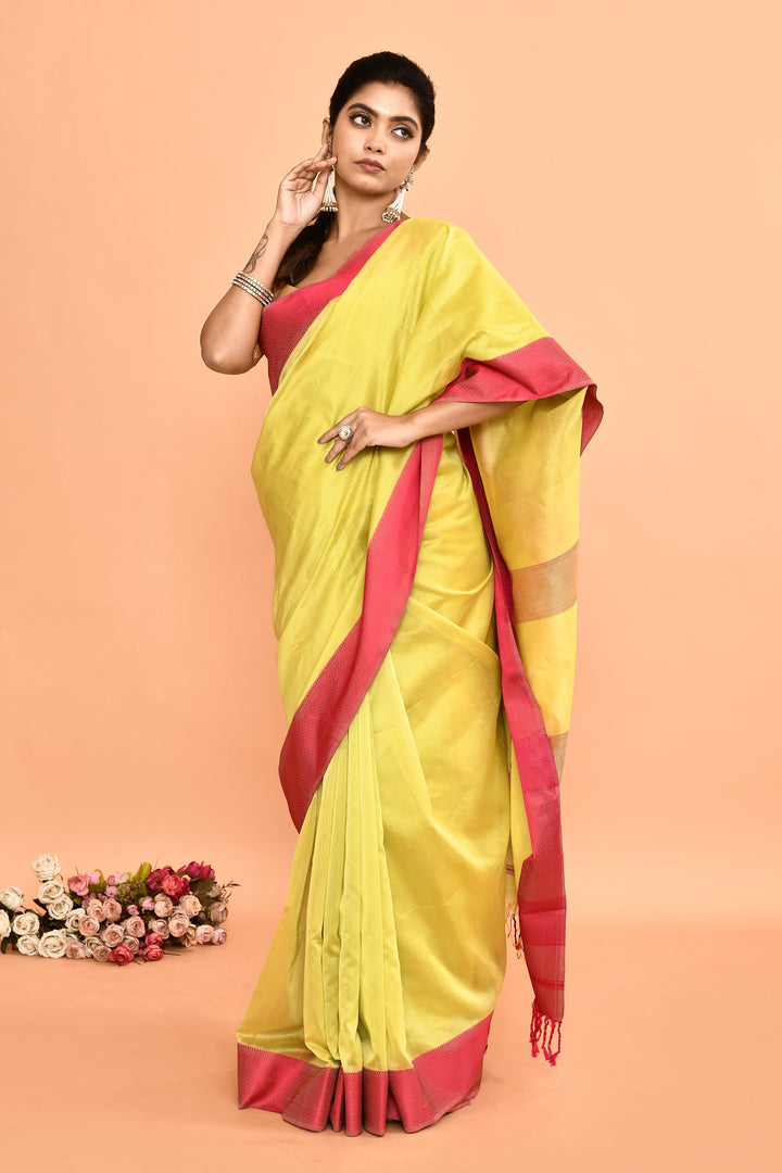 Fluorescent-Green-Maheshwari-Saree-With-Contrast-Resham-Border