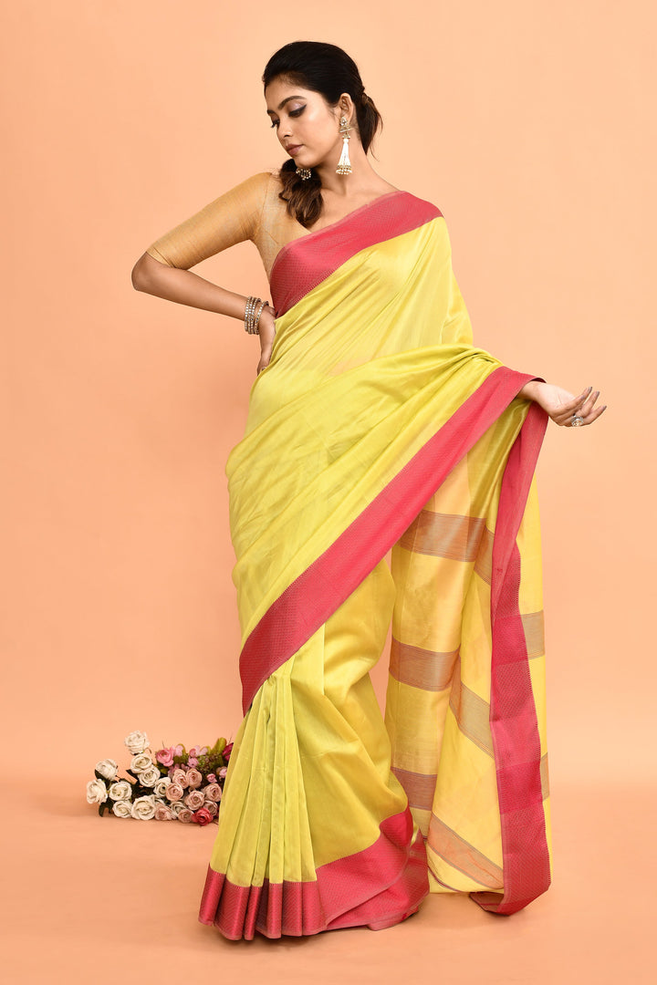 Fluorescent-Green-Maheshwari-Saree-With-Contrast-Resham-Border