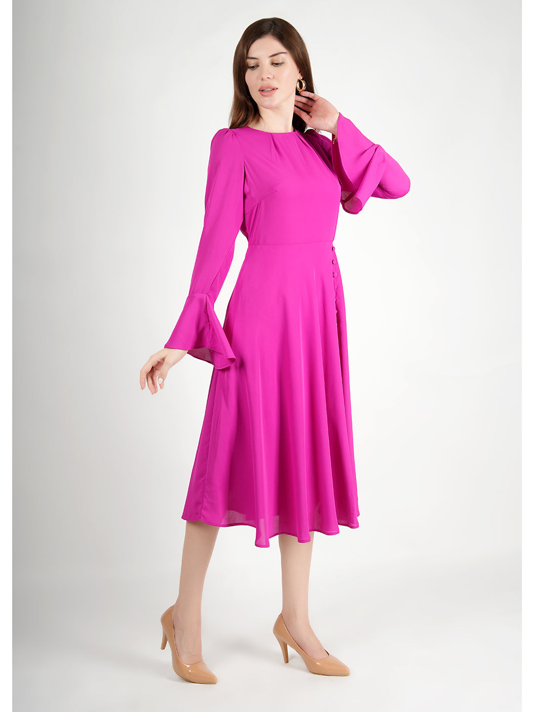 Fuchsia-Polyester-Gleaming-Fit-&-Flare-Dress