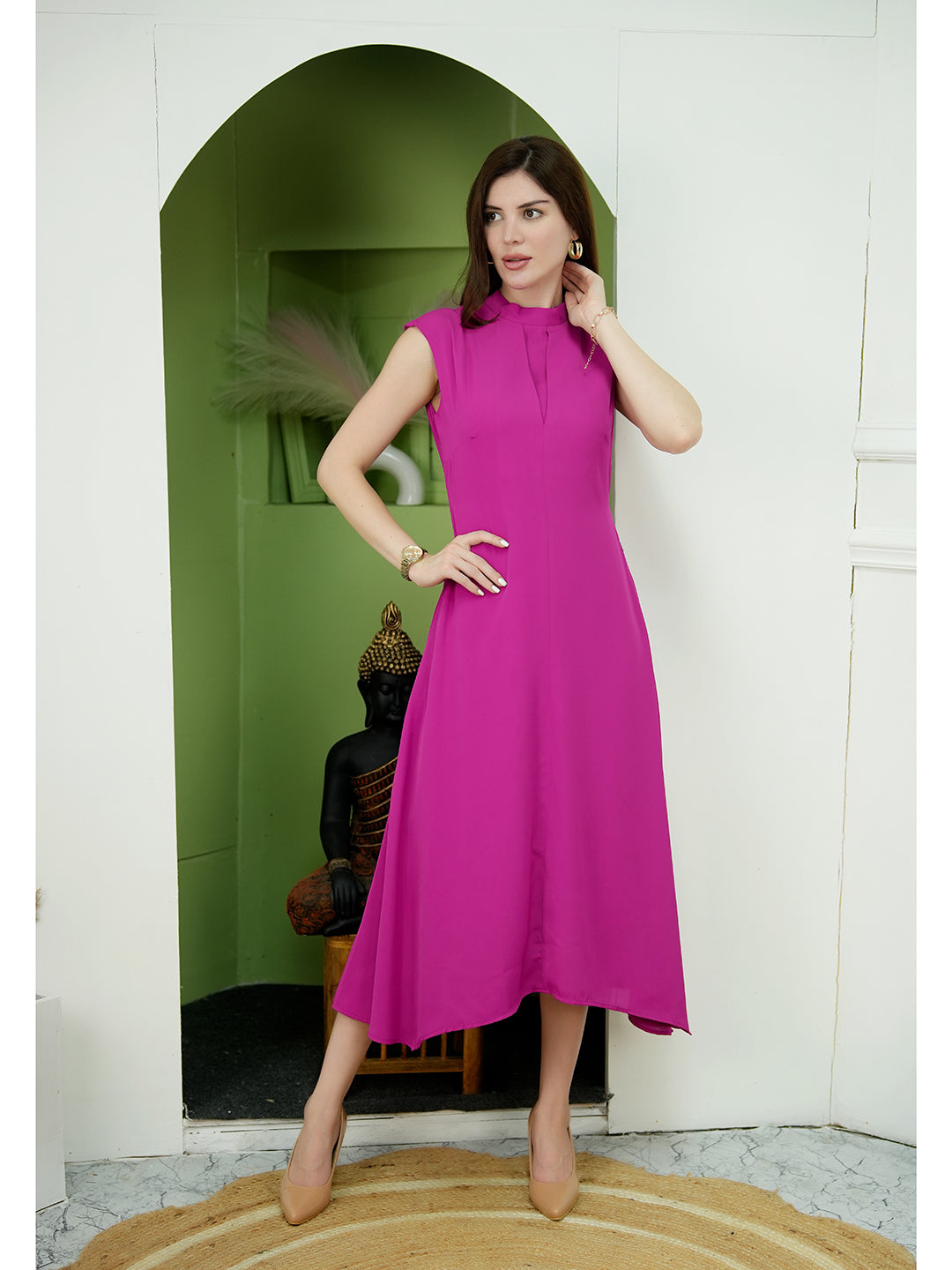 Fuchsia-Polyester-Vibrance-Open-Back-Midi-Dress